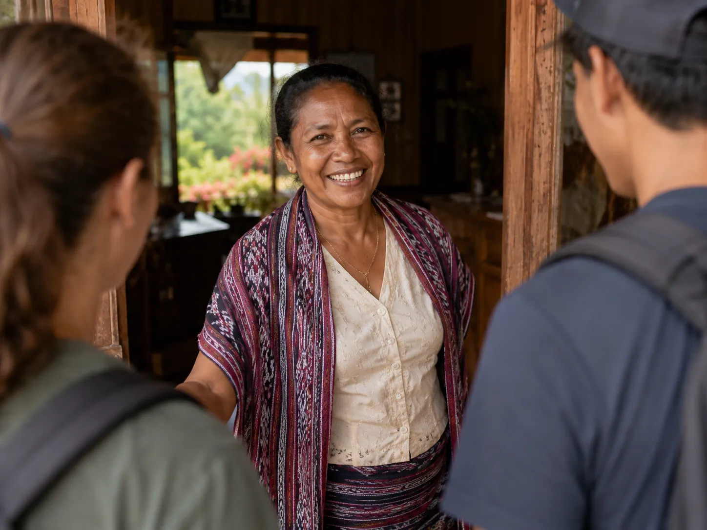 Family guesthouse owner serving morning coffee on a verandah