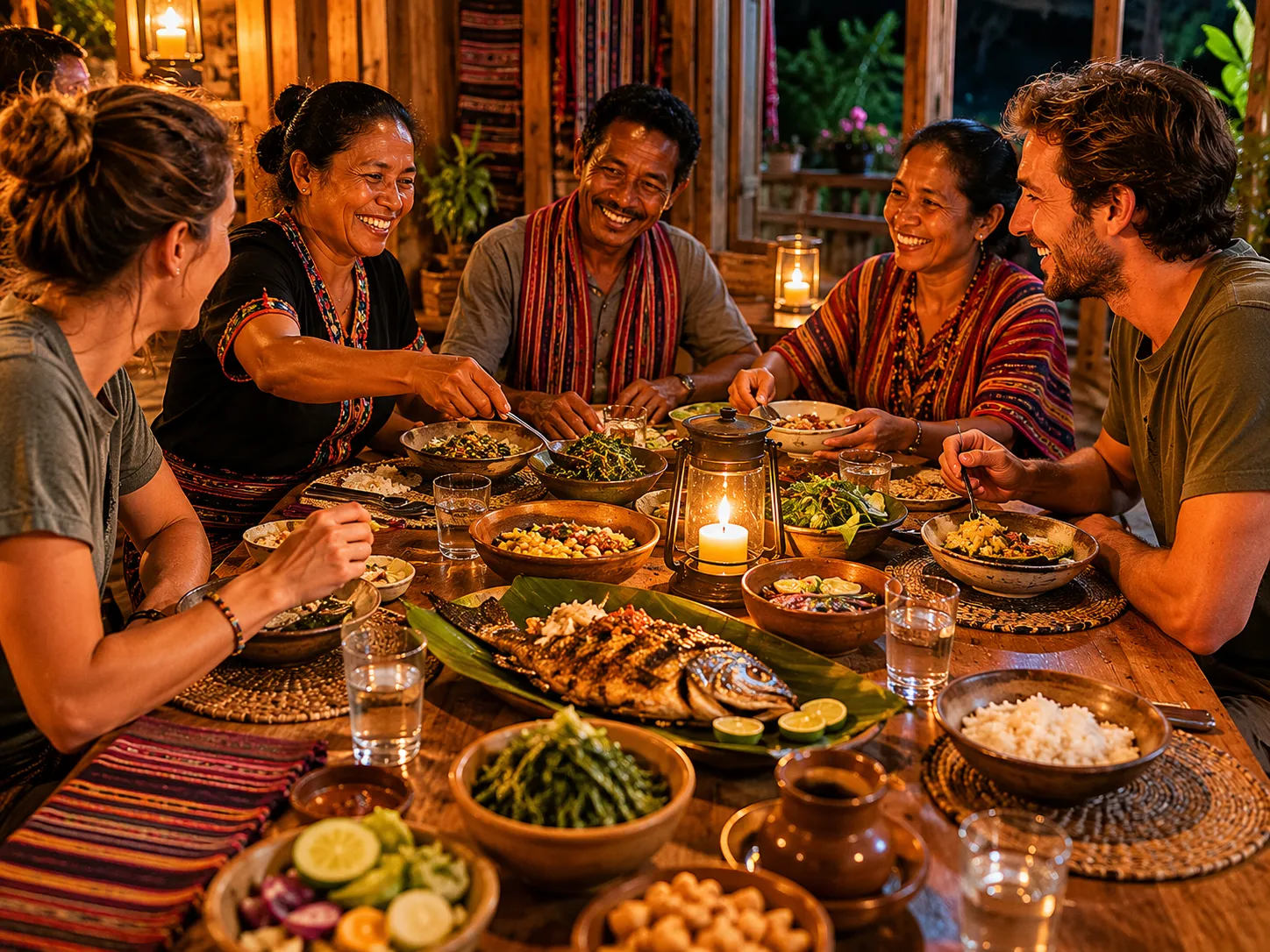 Communal Timor-Leste meal shared at a guesthouse table