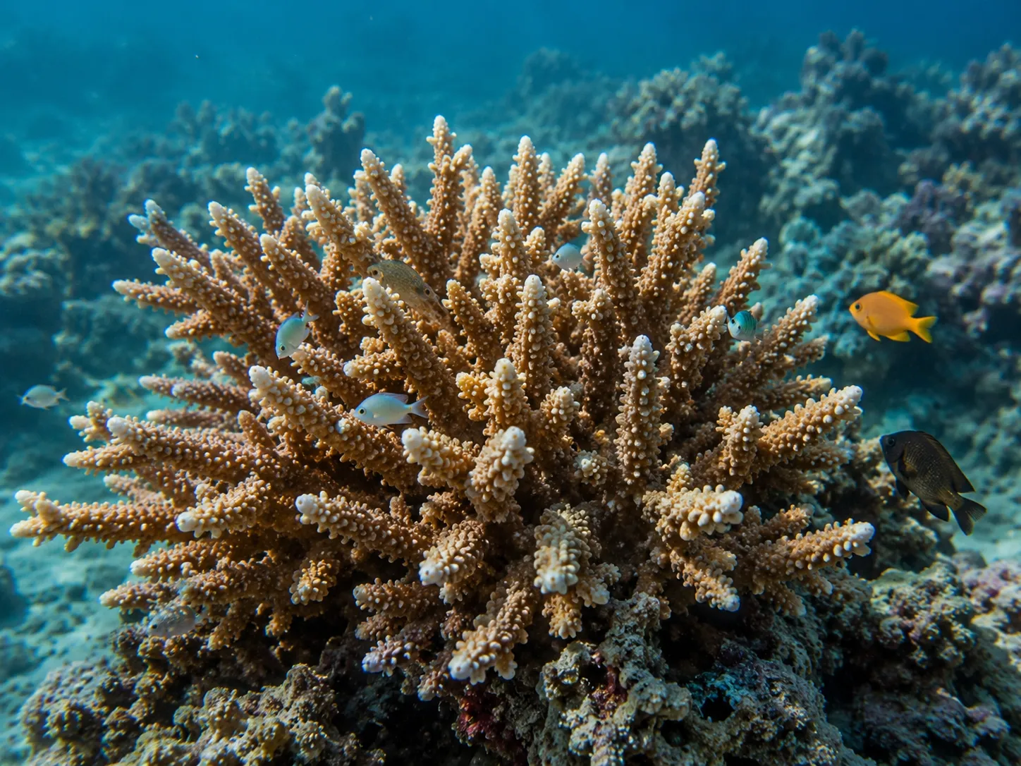 Coral wall at Atauro Island with schooling fish