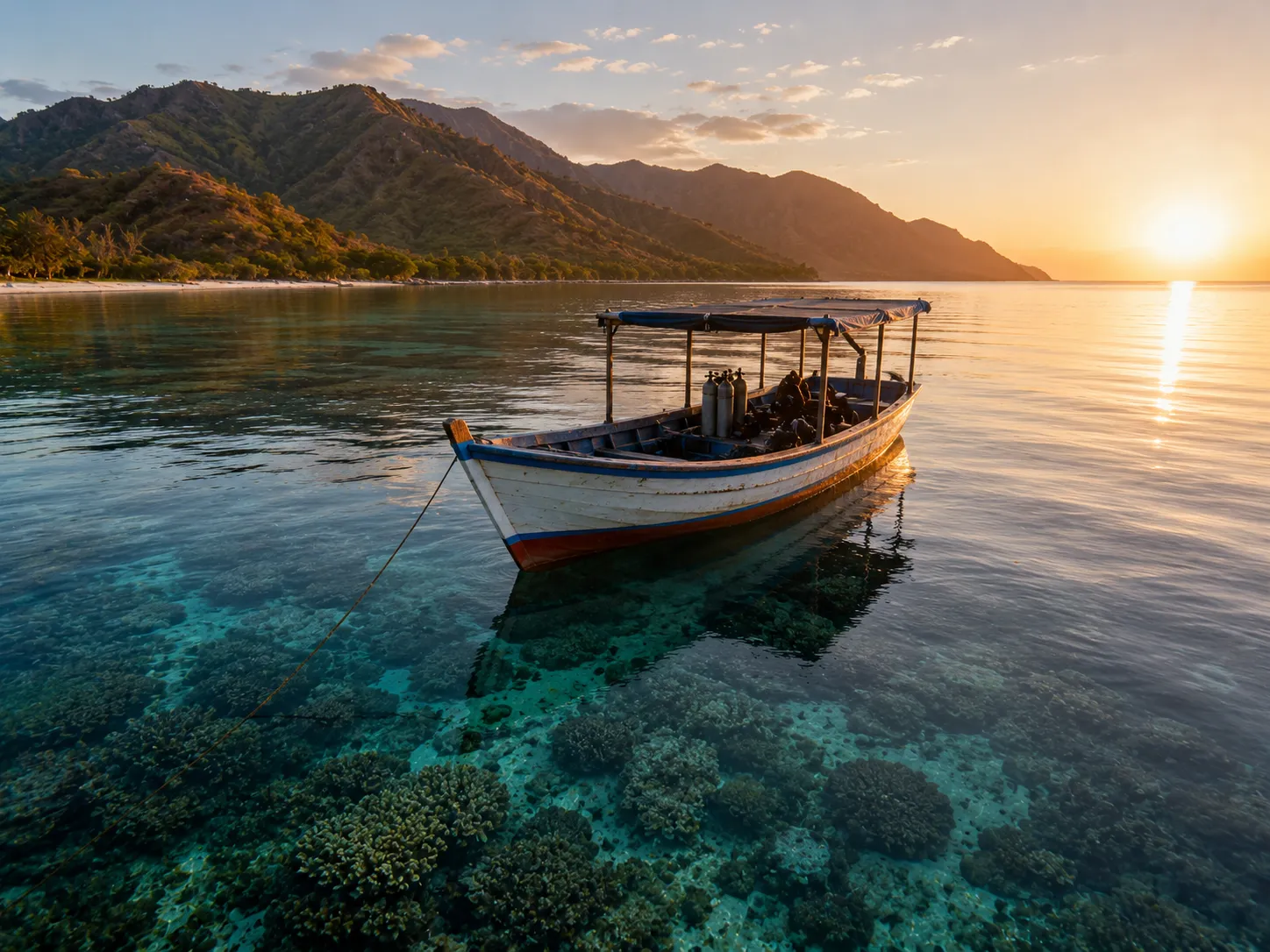 Dive boat anchored off the Atauro coast